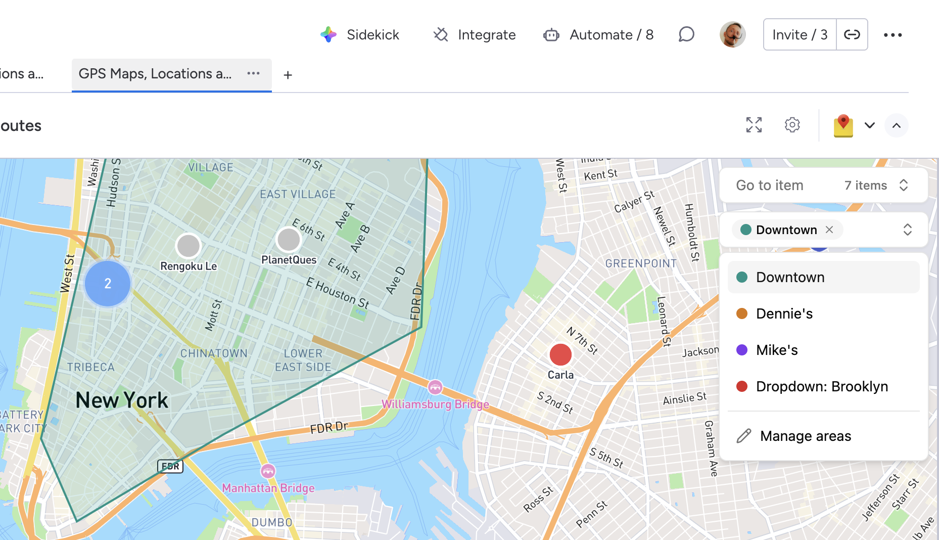 Service Areas dropdown in Locator